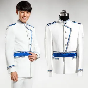 Men Palace Style Performance Suit Acetate Blend Stand Collar Metallic Buttons Stage Host Banquet Vintage Slim Fit Men Wedding Party Costume