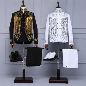 Men Vintage Palace Style Performance Suit Jacket Pants Palace Embroidery Sequin Tassel Stage Costume Host Singer Party Wear Top Bottom