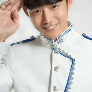 Men's white stage performance court costume suit featuring blue silver trim and metal buttons.