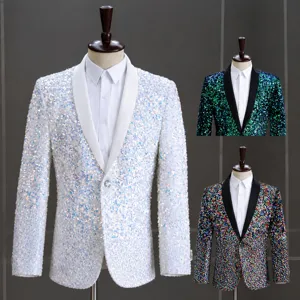 Giacca Blazer da Uomo con Paillettes Iridescenti Vestibilità Slim Collo a Scialle Cappotto a Un Bottone per Esibizioni sul Palco Host DJ Nightclub Party