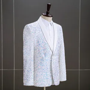 Blazer con paillettes iridescenti da uomo elegante giacca da abito da spettacolo bianco