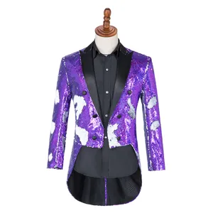 Chaqueta de esmoquin con lentejuelas moradas para hombre mago director de orquesta show.