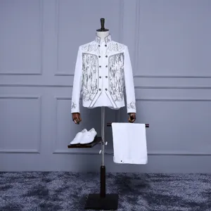 Men white stage suit vintage court style sequin tassel blazer tuxedo performance outfit