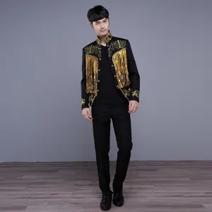 Mens vintage stage performance suit jacket with gold embroidery and tassels for nightclub