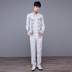 Men white stage suit with silver sequins, vintage court style outfit for show performances.
