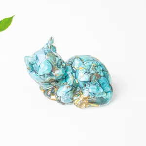 Crystal resin cat figurine, turquoise stone chips animal decor for home desk ornament.
