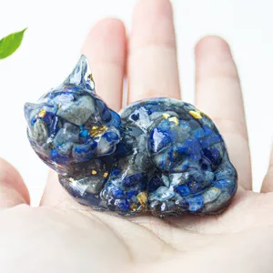 Natural crystal stone epoxy resin sleeping cat figurine desktop ornament home office decor