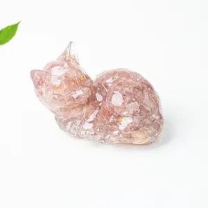 Natural crystal crushed stone epoxy resin cute cat figurine pink desktop home decoration ornament