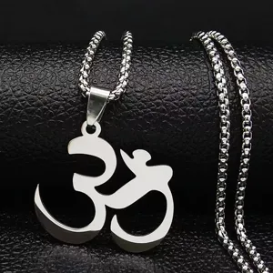 Collar con Colgante OM de Acero Inoxidable para Mujer Hombre Amuleto de Yoga Budista Indio Joyería Espiritual Cadena de Caja