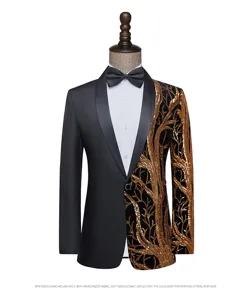 Men's fashion slim fit sequin suit jacket with unique tree pattern design for stage performance.