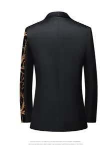 Men's black slim fit suit blazer with gold sequin sleeve, stylish stage performance jacket.