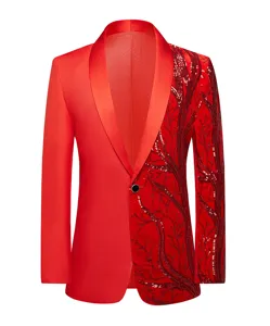 Men red sequined blazer detail, asymmetrical tree embroidery design, shawl lapel formal.