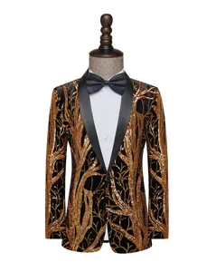 Men gold sequin tree pattern blazer slim fit party stage performance tuxedo jacket