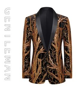 Men sequin blazer jacket gold branch pattern slim fit stage performance party suit coat
