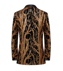 Men's black velvet sequin gold branch blazer jacket slim fit stage performance party coat