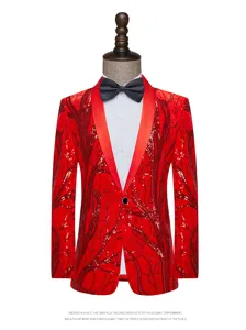 Men's Red Sequin Suit Jacket Slim Fit Party Stage Performance Tuxedo Blazer for Nightclub