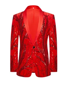 Men red sequin blazer stylish slim fit jacket for stage performance party nightclub wear