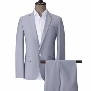 Men's Slim Fit Business Formal Suit Set Silver Grey Top And Bottom For Wedding Party Groomsman Professional Banquet Suit