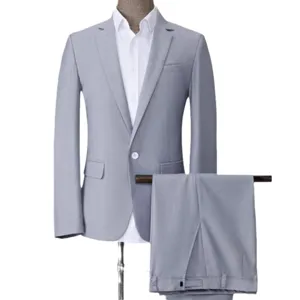 Men slim fit grey suit set wedding business blazer and trousers with white shirt for formal events