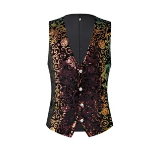 Close-up view of men's baroque sequin print waistcoat, V-neck design, elegant party performance vest.