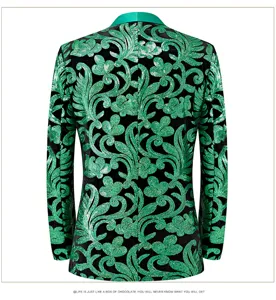 Men's green sequin blazer stage performance suit jacket with shawl lapel detail view.