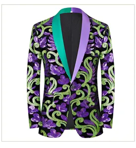 Men sequin floral blazer single button colorful shawl lapel party stage suit jacket