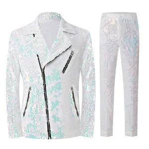 Veste de Moto à Paillettes Blanches pour Hommes Haut Et Bas Punk Costume de Chanteur pour Spectacle Fermeture Éclair Asymétrique Veste Coupe Cintrée