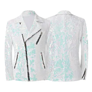 Veste de moto à sequins blancs pour hommes avec fermeture éclair asymétrique et style de scène.