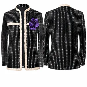 Veste de Costume Homme Coupe Ajustée à Rayures de Paillettes Blazer Rétro Performance Scénique Avec Broche Fleur Violette Noir Polyester