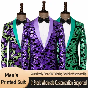 Men Slim Fit Sequin Moire Shawl Collar Suit Set For Stage Performance Hosting Formal Wedding Party Men Blazer And Pants Set