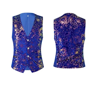 Men's Blue Paisley Vest Vintage Jacquard Single Breasted Waistcoat for Formal Party