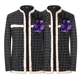 Veste de scène noire à sequins pour homme blazer slim décontracté avec broche de fleur.
