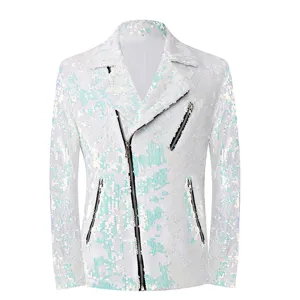 Veste de moto pour homme à sequins blancs zippée asymétrique pour la scène.