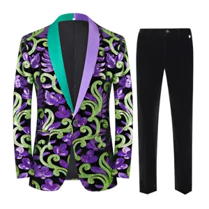 Men sequin suit set velvet blazer and trousers stage performance party prom tuxedo outfit.