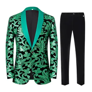 Men's green sequin velvet suit blazer and trousers set shawl lapel stage tuxedo performance