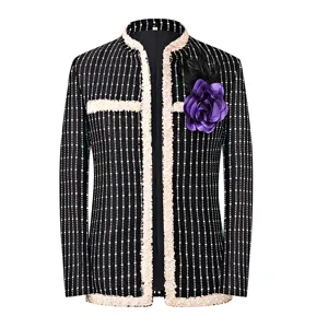 Veste de costume de scène de fête en tweed à paillettes noires pour hommes élégante