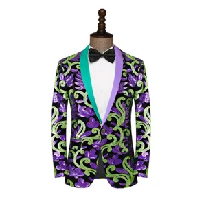 Men's Fashion Sequin Blazer Shawl Lapel Colorful Floral Stage Party Suit Jacket Outerwear