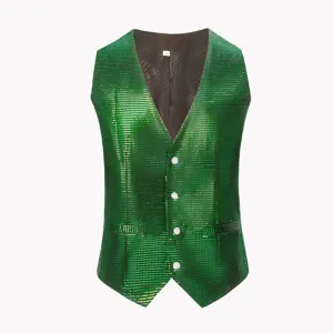 Grüne Pailletten V-Ausschnitt Weste Detail, elegante Herren Anzugweste für Party und Bühne.