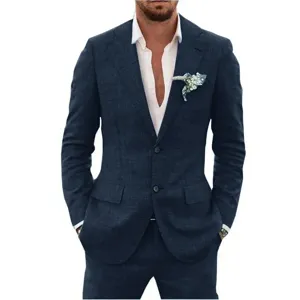 Men's casual slim fit dark blue two piece suit set for business party and daily wear.