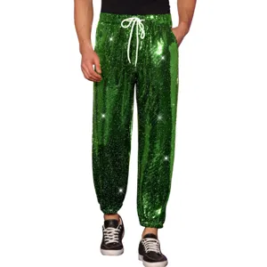Grüne Paillettenhose Detailansicht mit glitzerndem Stoff und verstellbarem Kordelzug.
