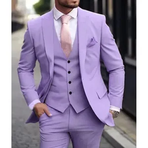 Men slim fit light purple three piece suit business wedding groom party blazer vest pants