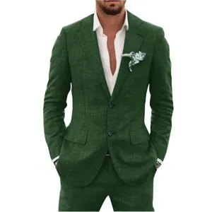 Men dark green slim fit suit two piece set casual business formal wedding blazer pants