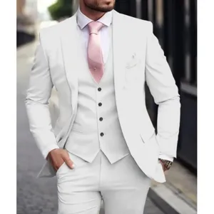 Men's elegant three-piece slim fit white suit with vest and jacket for business formal events