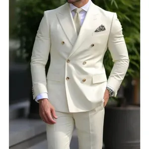 Close-up detail of a stylish cream double-breasted men's suit jacket with lapel and buttons.