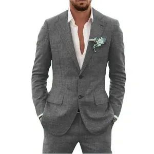Detailed view of men grey slim fit suit jacket and trousers, elegant formal wear style.