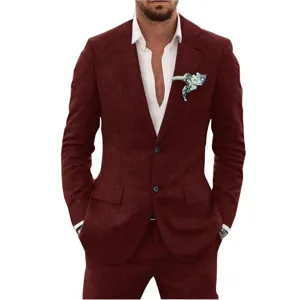 Men slim fit burgundy suit two piece set casual business wedding jacket and pants