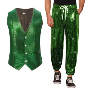 Grüner Pailletten Weste und Hose Set für Herren, glänzendes Bühnenkostüm Party Outfit.