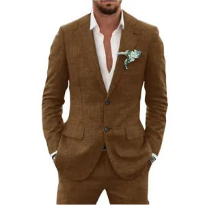 Men's brown slim-fit suit two-piece set, casual business blazer and trousers for daily wear.