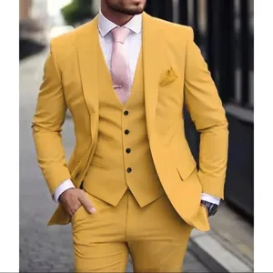 Detail shot of the stylish yellow three-piece suit for men, perfect for business banquets.