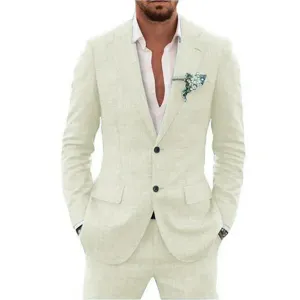 Detail view of men's slim fit casual two-piece suit in beige, showing buttons and lapel.